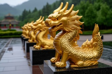 Golden dragon statues lining the steps, leading up to the Hall of Prayer for Good Harvests, their intricate details glowing in the sunlight