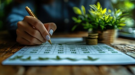Financial Planning with Plants and Calendar on Wooden Table