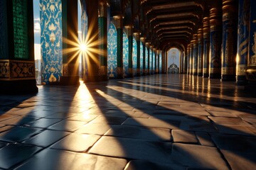 Fototapeta premium Golden hour light shining through the columns of the Hall of Prayer for Good Harvests, casting long shadows on the stone steps below