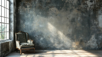 A vintage armchair sits in a room with a large window and a textured wall.  The light streams in from the window, creating a warm glow.