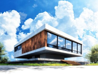 Fototapeta premium Modern architectural design with large windows and wooden elements under a bright sky