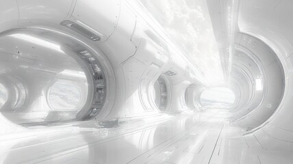 Obraz premium Futuristic corridor with sleek, white design and ambient light.