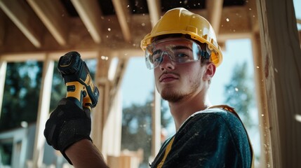 An apprentice in a hard hat and safety goggles, holding a drill, with wooden beams and sawdust around