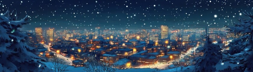 Obraz premium Winter cityscape at night panoramic view flat design top view glowing city lights in the snow cartoon drawing