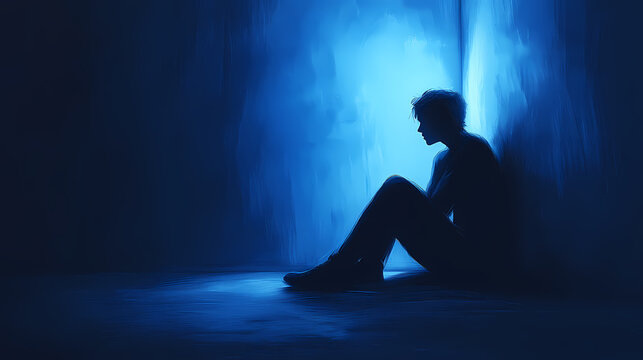A silhouette of a young man sitting in a dark room with a single blue light source behind him.