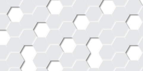 Abstract pattern with hexagonal white and gray technology line paper background. Hexagonal 3d vector grid tile and mosaic structure simple style hexagonal graphic concept. Futuristic surface design.	
