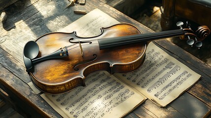 Fototapeta premium A vintage violin rests on a sheet of music, with sunlight streaming through a window.