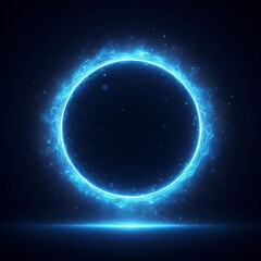 Fototapeta premium Blue sphere or circle bathed in blue light, floating amidst a vast, star-studded cosmos on black dark background