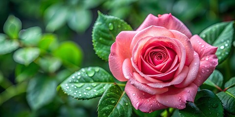 A delicate pink rose blossom, glistening with morning dew, its petals unfurling amidst a backdrop of verdant foliage.