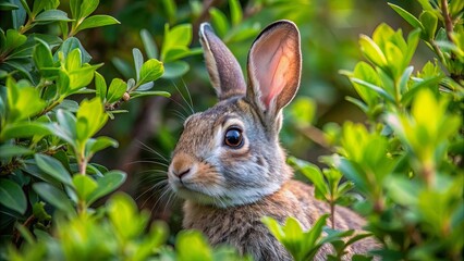 Fototapeta premium A Curious Rabbit Peeking Through Green Foliage, Its Large Ears and Inquisitive Eyes Captured in a Moment of Peaceful Observation