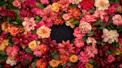 A vibrant arrangement of various flowers in shades of pink and orange, creating a beautiful floral backdrop. Ideal for decorative purposes.