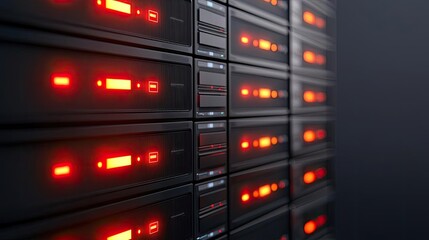Close-up view of server racks with illuminated status indicators, highlighting data storage and network connectivity in a modern server room.