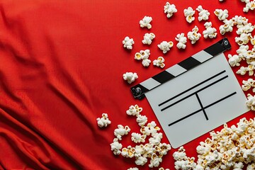 Colorful popcorn scattered around a film clapperboard on a vibrant red background, perfect for movie night themes and creative media.