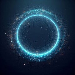 blue circle orbit with blue stars in the background, space for text, depicting a glowing planet and dark sky