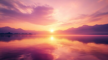 Obraz premium Golden hour sunset with colorful reflections on a calm lake, soft hues of pink and purple.