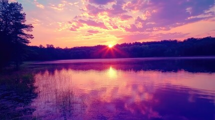 Obraz premium Serene scene of a sunset reflecting pink, orange, and purple on a calm, still lake.