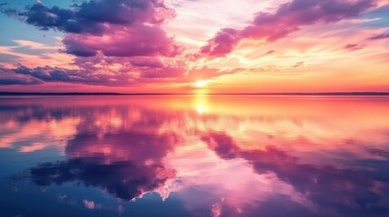 Fototapeta premium Serene scene of a sunset reflecting pink, orange, and purple on a calm, still lake.