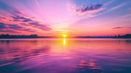 Naklejka premium Serene sunset casting vibrant hues of pink, orange, and purple on the surface of a calm lake.