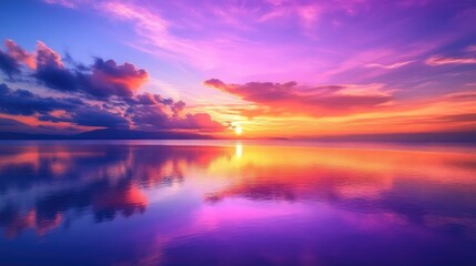 Obraz premium Stunning sunset casting vibrant pink, orange, and purple hues over a tranquil lake.