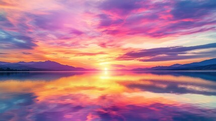 A colorful sunset painting the sky in pink, orange, and purple tones, mirrored on a peaceful lake.