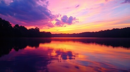 Naklejka premium A breathtaking sunset with vibrant pink, orange, and purple reflections on a still lake