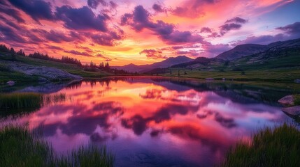 A colorful sunset painting the sky in pink, orange, and purple tones, mirrored on a peaceful lake.