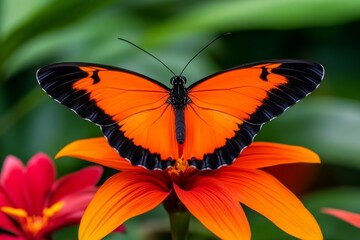 Fototapeta premium Orange butterfly perched on a vibrant flower, its wings detailed with patterns, standing out against a green, natural background