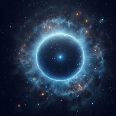 Obraz premium Space background with blue stars, sun, and circles, featuring planets, moon, and glowing galaxies in a dark sky