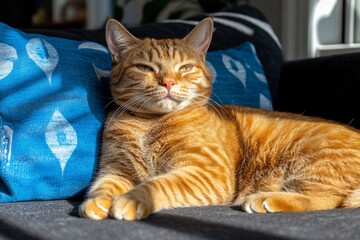 Orange tabby cat lounging in a sunbeam, its fur glowing warmly in the light, with soft shadows around