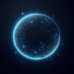Blue sphere or circle bathed in blue light, floating amidst a vast, star-studded cosmos on black background
