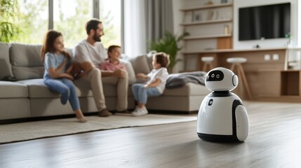AI-driven robotic pet companion in a smart home setting, Modern industrial style, photo of