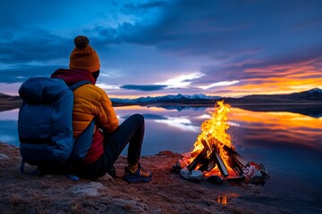Obraz premium Person sitting beside a bonfire, watching as the flames rise into the night sky, symbolizing reflection, warmth, and the power of light