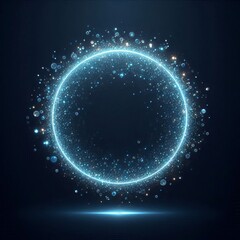 Blue sphere or circle bathed in blue light, floating amidst a vast, star-studded cosmos on black dark background