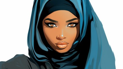 Naklejka premium A stunning girl wears a colorful hijab, her radiant dark skin highlighting her unique beauty and grace effortlessly.