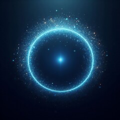Space background with blue stars, sun, and circles, featuring planets, moon, and glowing galaxies in a dark sky