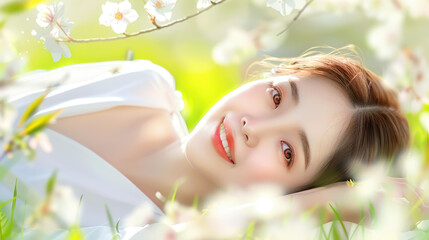 A joyful young woman relaxes in a meadow filled with blooming white flowers, embracing the beauty of spring.