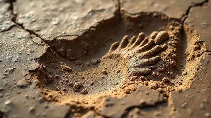 Close-Up View of a Fossilized Dinosaur Footprint Surrounded by Sedimentary Layers