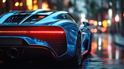 Back view of a blue automobile driving through the city. sports automobile, driverless vehicle of the future.