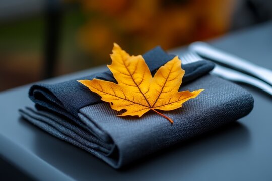 Single autumn leaf placed delicately on a napkin, symbolizing the changing season and the quiet gratitude of Thanksgiving