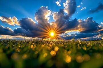 Naklejka premium Sun breaking through dense fog over a field, symbolizing clarity and new beginnings as the light chases away confusion and uncertainty
