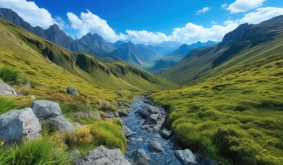 Fototapeta premium arafed view of a mountain valley with a stream running through