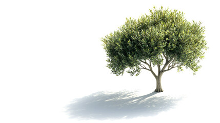 Obraz premium A single olive tree stands on a white background with its shadow cast to the right.