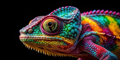 Fototapeta premium A vibrant chameleon with iridescent scales, its eye focused on the viewer, a symphony of color against a black backdrop