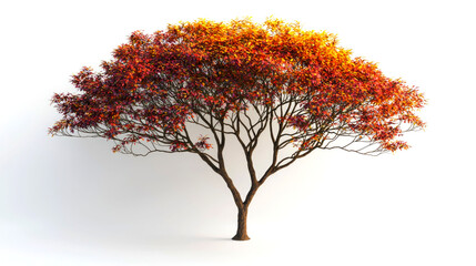 A single tree with red and orange leaves on a white background.