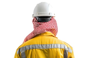 Back view Saudi Gulf Arab man wearing a traditional white thobe and red shemagh, wearing a white helmet and yellow work jacket contractor.