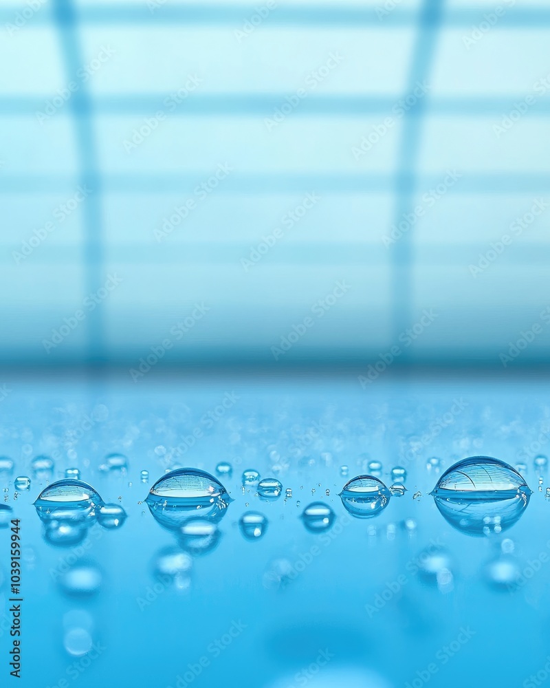 Poster close-up of water droplets on a blue surface, creating a serene and refreshing atmosphere with a sof