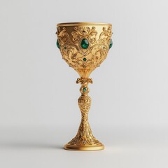 A beautifully ornate golden goblet adorned with emeralds, showcasing intricate designs and elegant craftsmanship.