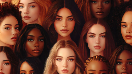 Obraz premium A collage of diverse female faces showcasing various hair textures and skin tones.
