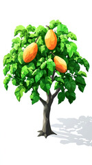 A small tree with three orange fruits on white background.