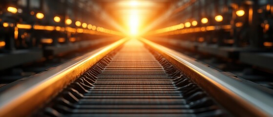 Train tracks leading towards a bright sunset, capturing a moment of tranquility.